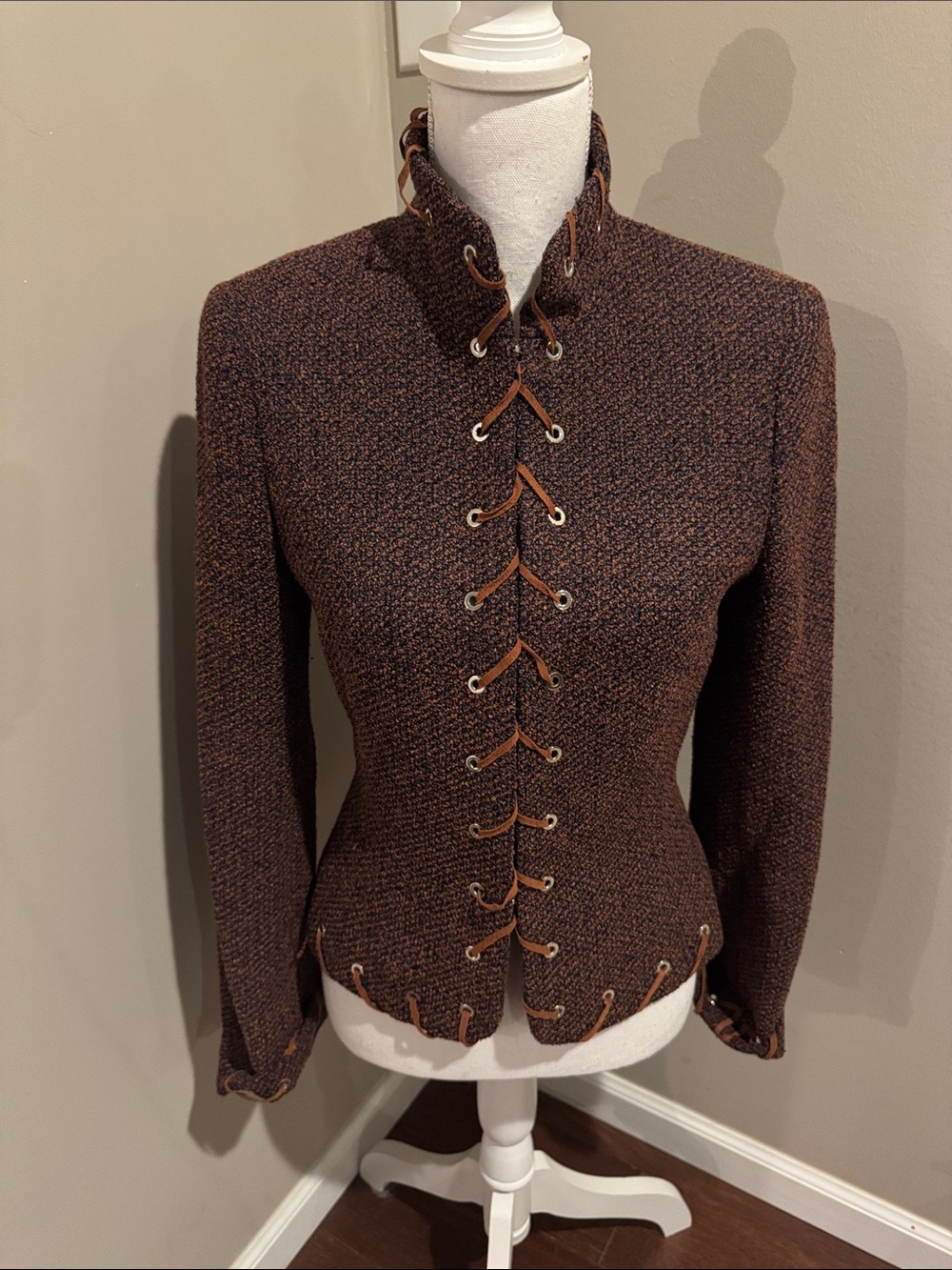 Vintage Escada Tweed Leather Lace Up Corset Jacket Blazer Brown 38 Medium